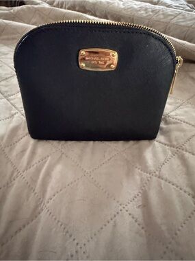 Michael Kors Black Leather Dome Cosmetic Case with Gold Hardware